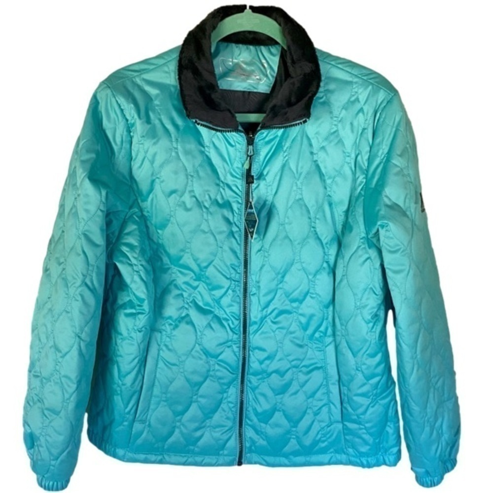 ZEROXPOSUR Ultra-Light Quilted Puffer Jacket Faux Fur Turquoise Women …
